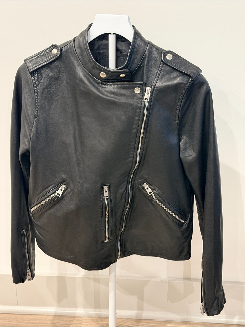 AllSaints Black Leather Asymmetric Biker Jacket